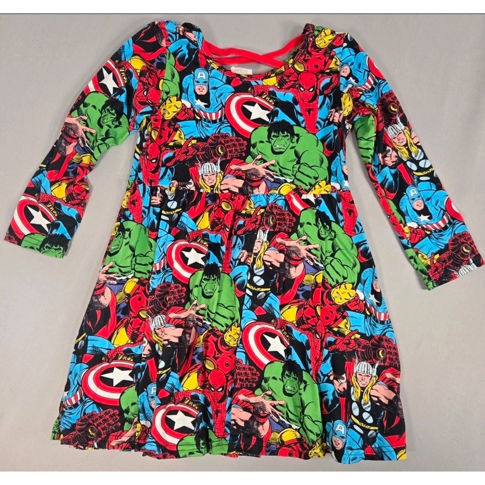 Marvel Multicolor Avengers Comic Print Dress Kids 5-6T Long Sleeve Skater Back